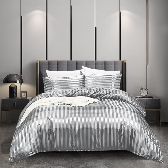 5pcs Black Silk Stripes Soft Comforter Set Sexy Luxury Ultra Soft Microf…